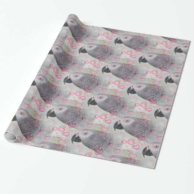 African Grey Puffy Hearts Wrapping Paper (Unrolled)