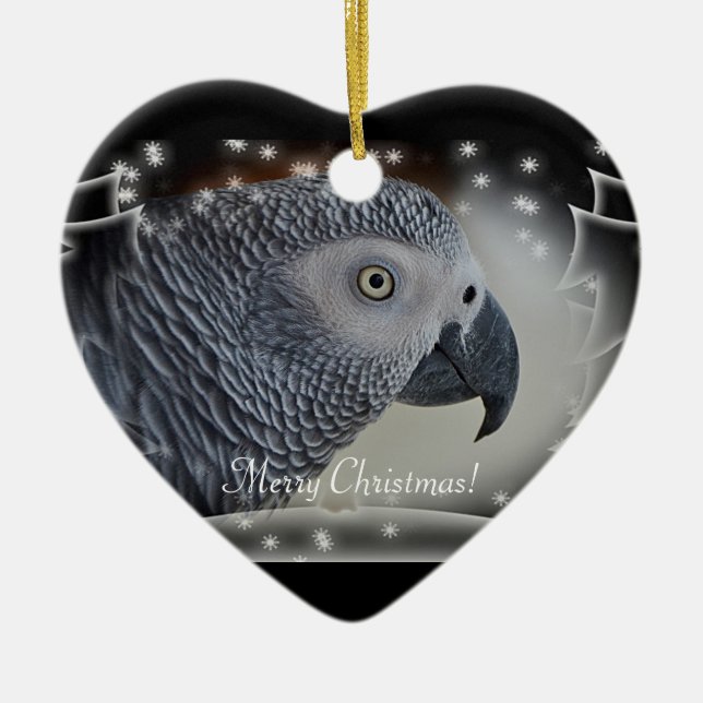 African Grey Snowy Christmas Ceramic Ornament (Front)