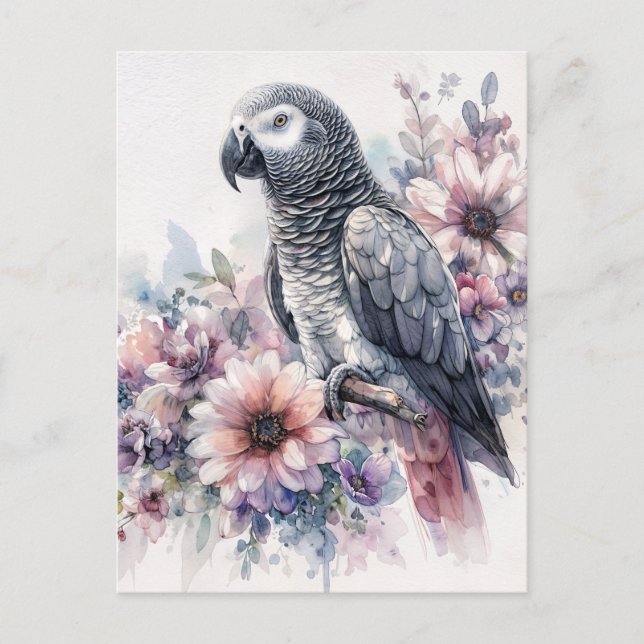 African Grey with Wildflowers Watercolor Art Postcard (Front)