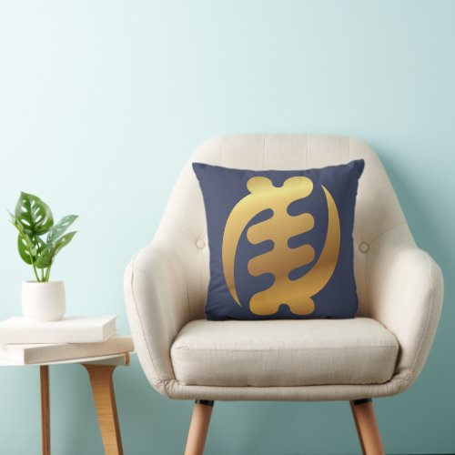 African Gye Nyame Shiny Gold Adinkra Symbol Blue Throw Pillow