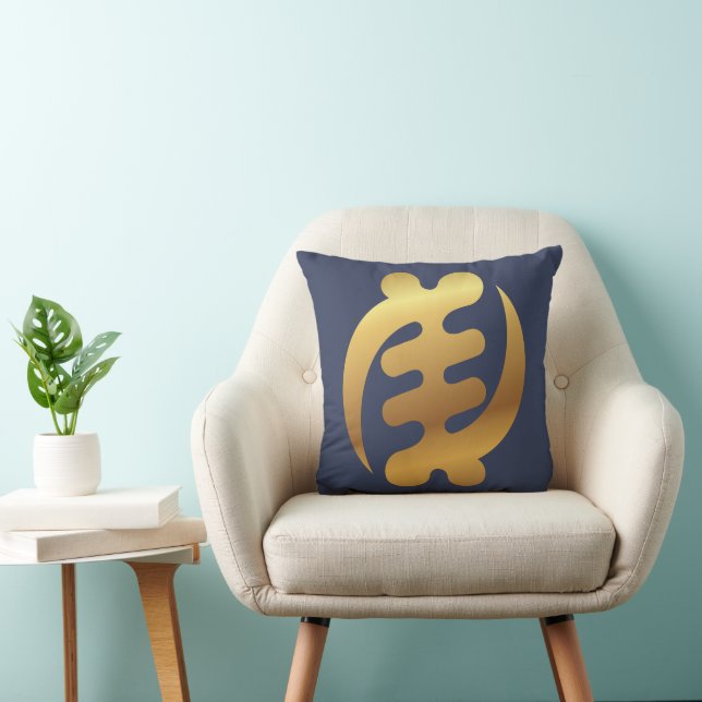 African Gye Nyame Shiny Gold Adinkra Symbol Blue Throw Pillow (Chair)