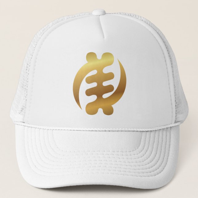 African Gye Nyame Shiny Gold Adinkra Symbol White Trucker Hat (Front)