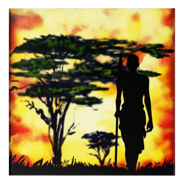 African Hunter with Spear Painting Acrylic Print (Front)