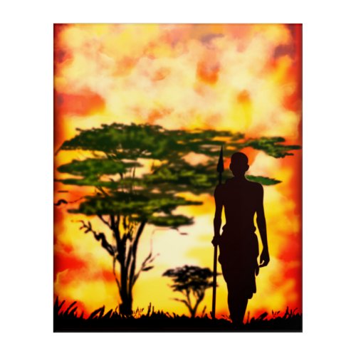 African Hunter with Spear _ Sunset Acrylic Print