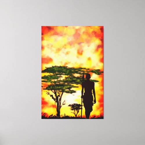 African Hunter with Spear _ Sunset Canvas Print