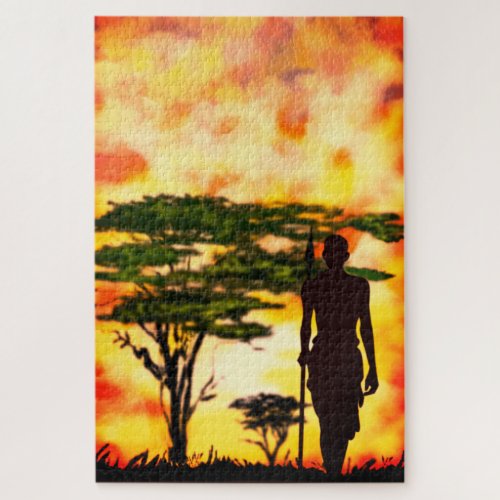 African Hunter with Spear _ Sunset Jigsaw Puzzle