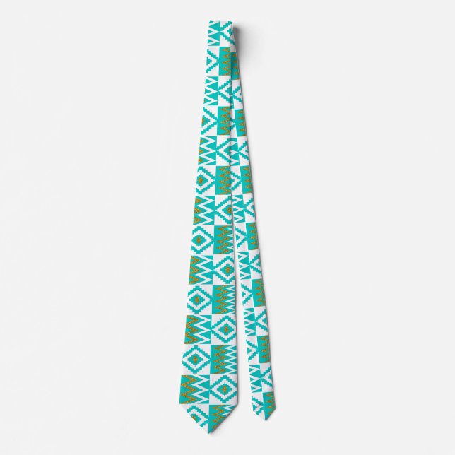African Kente Cloth White Aqua Teal Blue Necktie (Front)