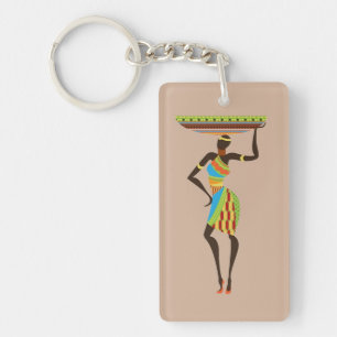 African Lady with basket tribal art Keychain