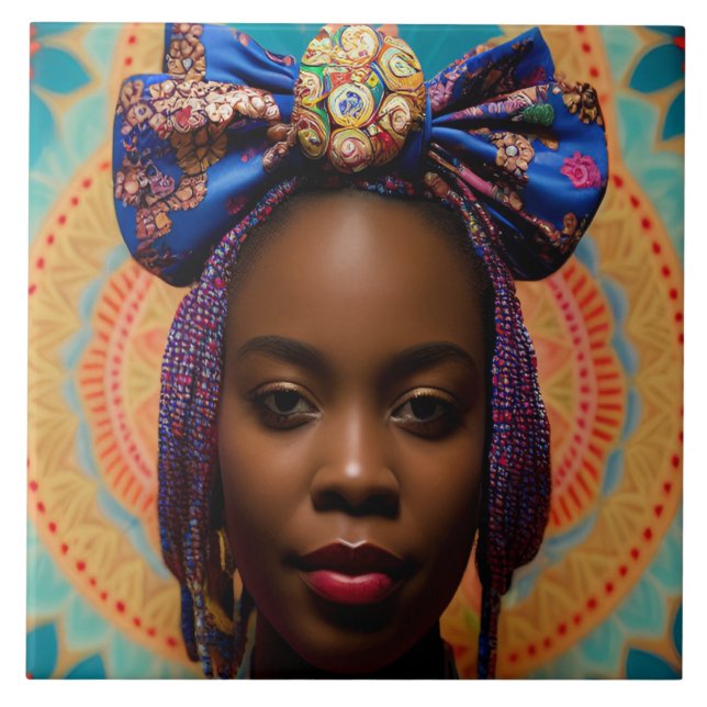 African lady with big bow and medallion ceramic tile (Front)