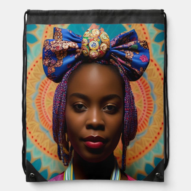 African lady with big bow and medallion drawstring bag (Front)