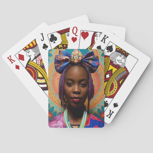 African lady with big bow and medallion poker cards (Back)