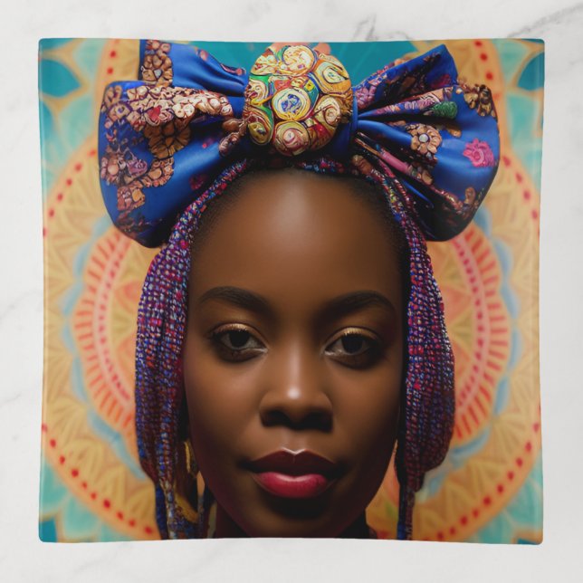 African lady with big bow and medallion trinket tray (Front)