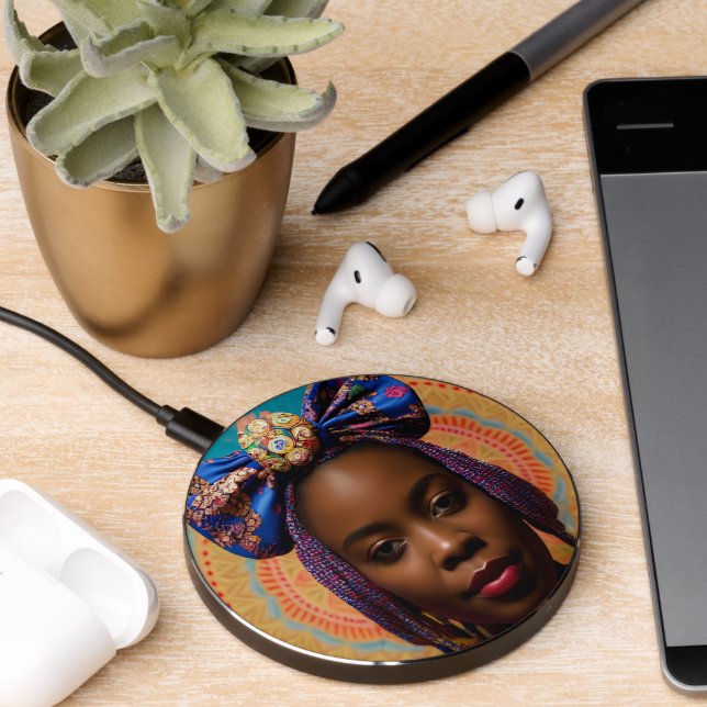 African lady with big bow and medallion wireless charger  (Desk 2)