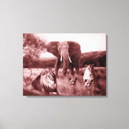 African lion family and elephant canvas print