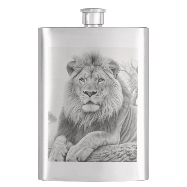 African Lion Pencil Drawing Flask (Front)