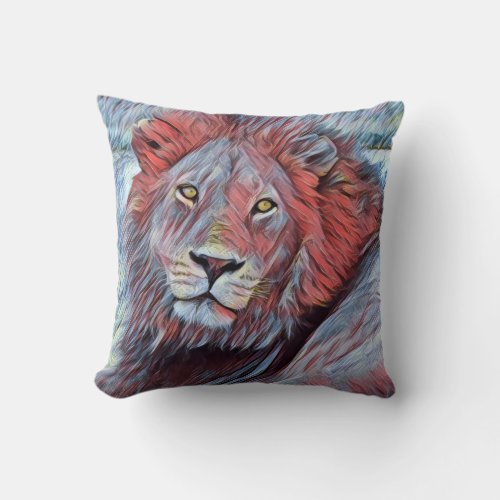 African Lion Portrait Colorful Watercolor Artwork Throw Pillow