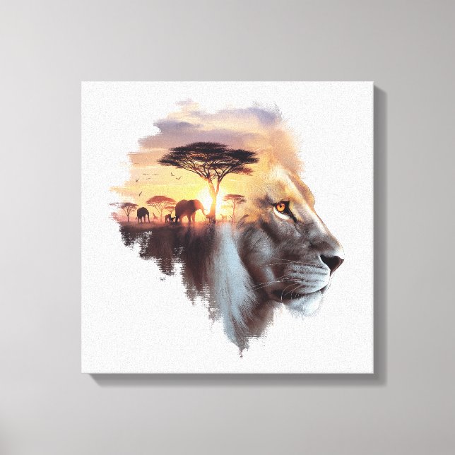African Lion Sunset - Wildlife Fusion Art Canvas Print (Front)