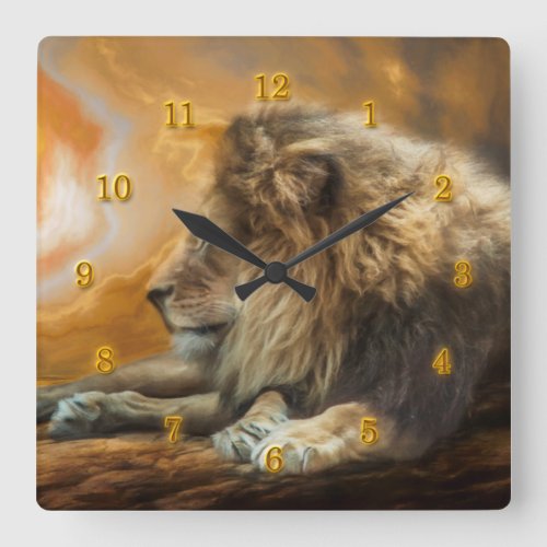 AFRICAN LION WAITING FOR THE HUNT SQUARE WALL CLOCK