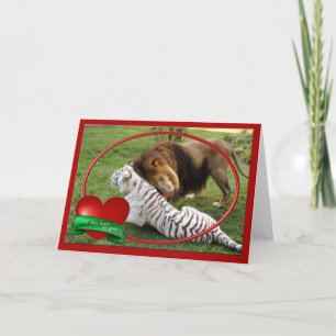 African Lion & White Tiger Playing Valentine Cards