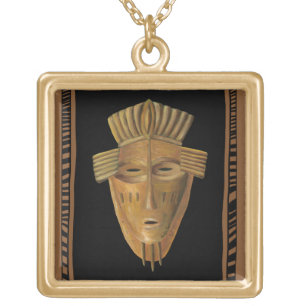 African Mask Painting by Chariklia Zarris Gold Plated Necklace