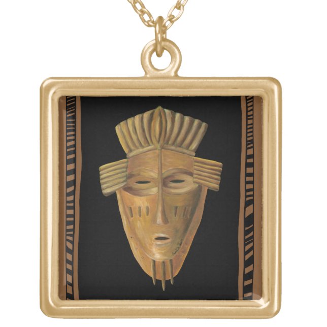 African Mask Painting by Chariklia Zarris Gold Plated Necklace (Front)