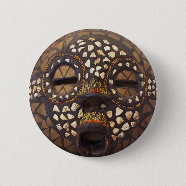 African mask with cowrie shells pinback button (Front)