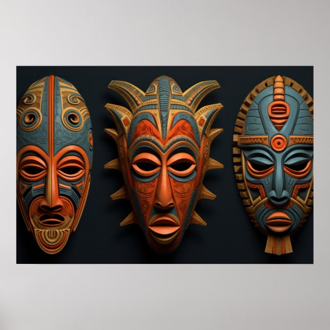 African masks in orange and turquoise blue poster (Front)