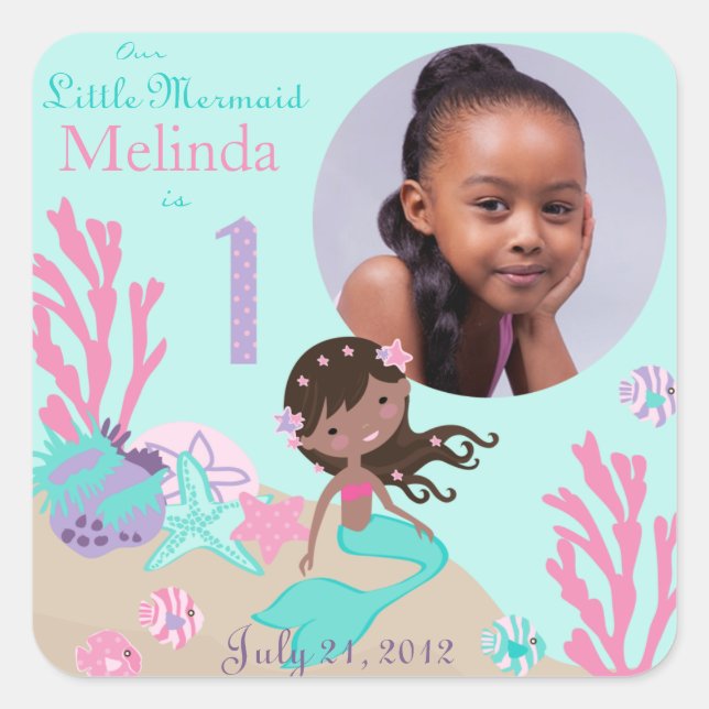 African Mermaid Age One Photo Sticker Label (Front)