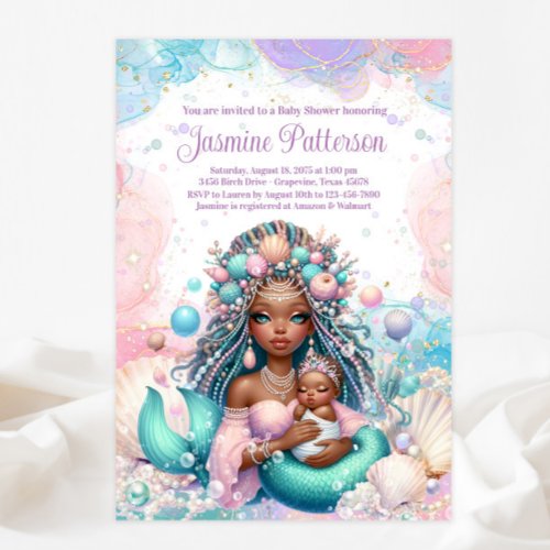 African Mermaid Mom And Baby Baby Shower Invitation