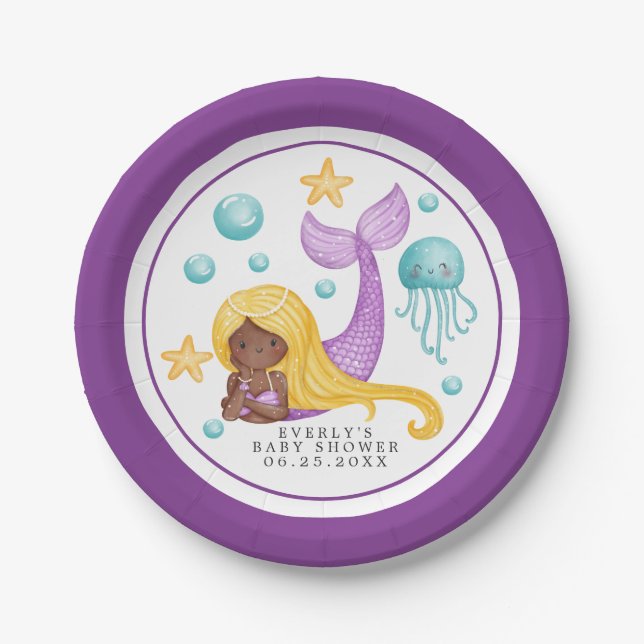 African Mermaid Ocean Baby Shower Paper Plates (Front)