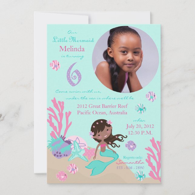African Mermaid Sixth Birthday Invitation (Front)