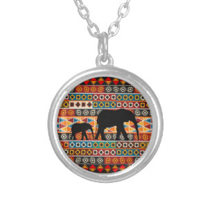 African Motif Colorful Pattern Mom & Baby Elephant Silver Plated Necklace