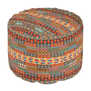 African Motif Ethnic Art Orange Red Brown Tan Blue Pouf