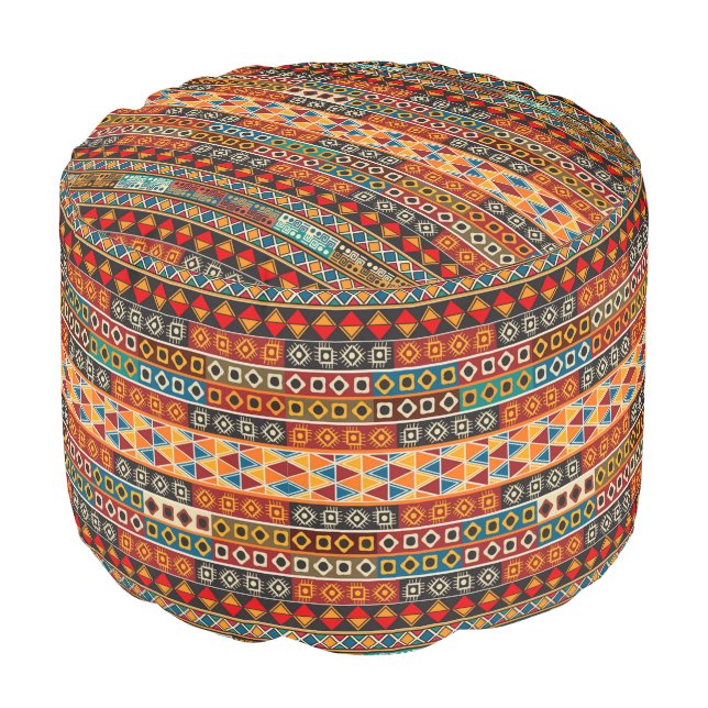 African Motif Ethnic Art Orange Red Brown Tan Blue Pouf (Angled Front)