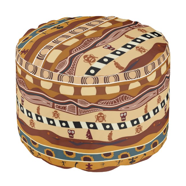 African Motifs Ethnic Art Earth Tone Pouf (Angled Front)