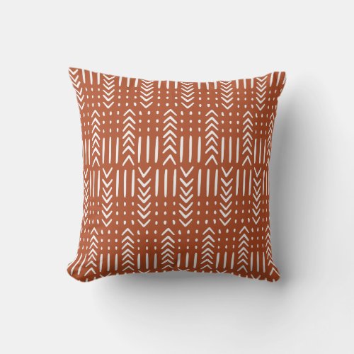 African Mud Cloth Arrow Dots White on Autumn Rust Throw Pillow