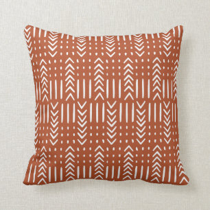 African Mud Cloth Arrow Dots White on Autumn Rust Throw Pillow