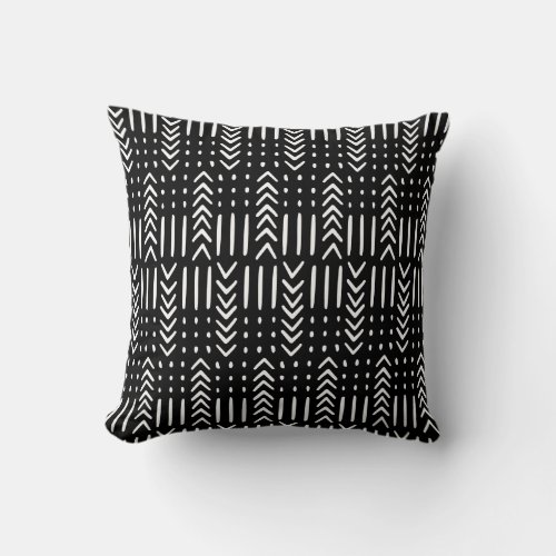 African Mud Cloth Arrow Dots White on Black Throw Pillow