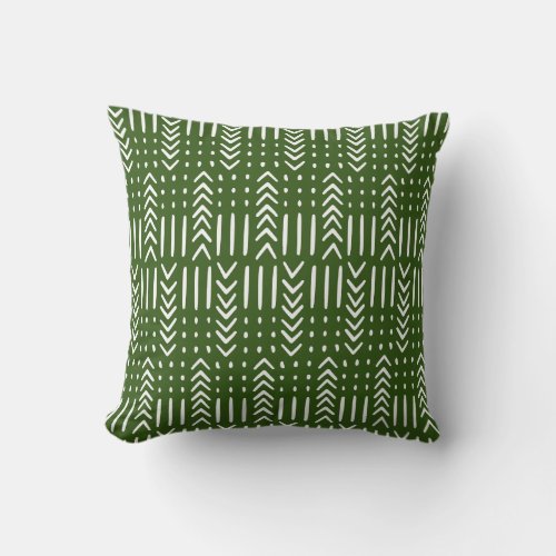 African Mud Cloth Arrow Dots White on Forest Green Throw Pillow