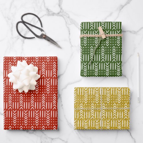 African Mud Cloth Red Green Gold Glitter Set of 3  Wrapping Paper Sheets