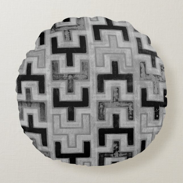 African Mudcloth Textile with Geometric Patterns Round Pillow (Front)