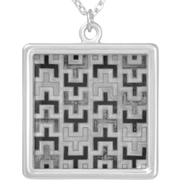 African Mudcloth Textile with Geometric Patterns Silver Plated Necklace (Front)