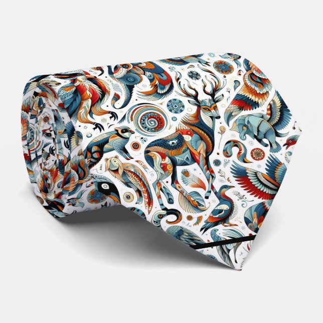 African Native American Animals Print Boho Neck Tie (Rolled)