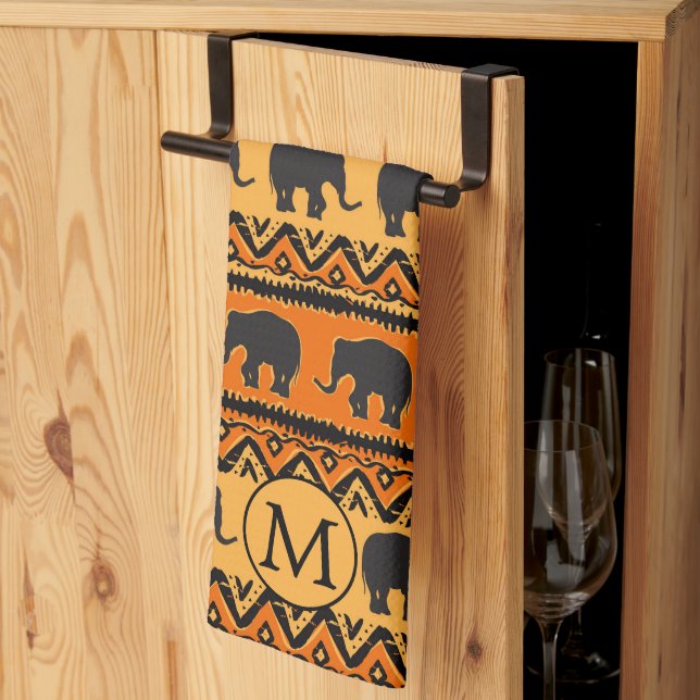 African Orange Black Elephant Monogram Kitchen Towel (Thirds Fold)