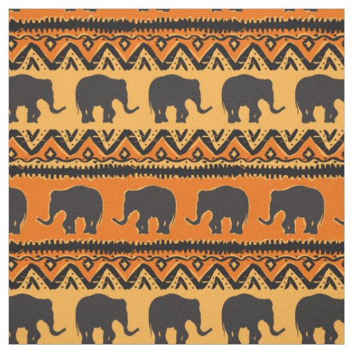 African Orange Black Elephant Pattern Fabric