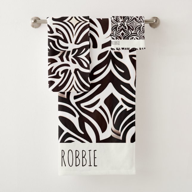 African Ornament Subtle Black White Pattern Bath Towel Set (Insitu)