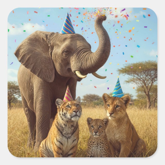 African Party Animals with Hats and Confetti Square Sticker (Front)