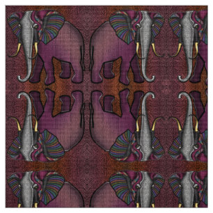African Patchwork Elephant (Plum, Orange, Gray) Fabric