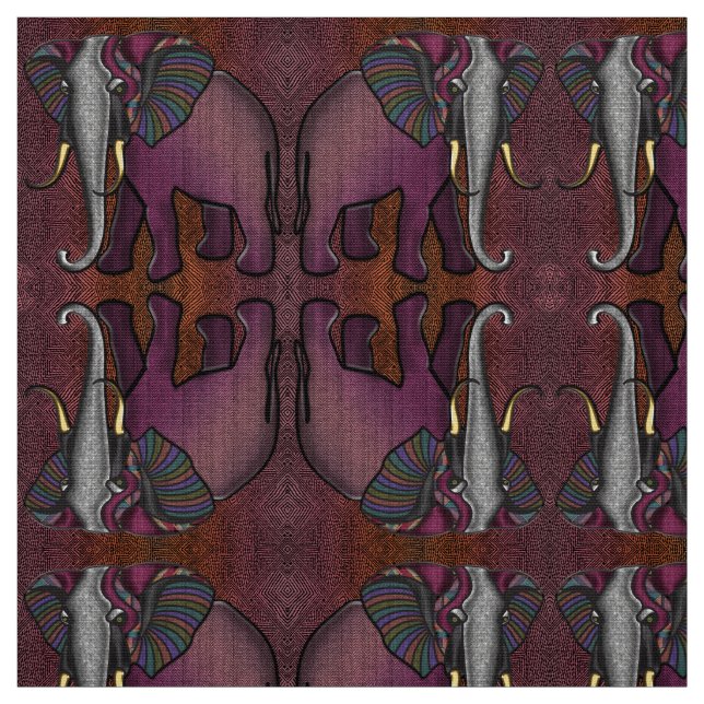 African Patchwork Elephant (Plum, Orange, Gray) Fabric (Swatch)