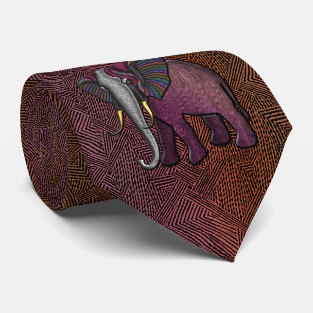 African Patchwork Elephant (Plum, Orange, Gray) Neck Tie (Rolled)
